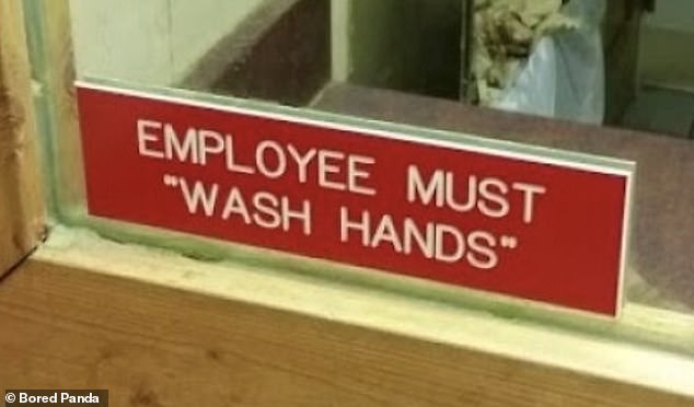 Huch!  Die Leute entdeckten die beunruhigende Verwendung von Anführungszeichen auf einem Schild, auf dem die Mitarbeiter dazu aufgefordert wurden "waschen sich die Hände"