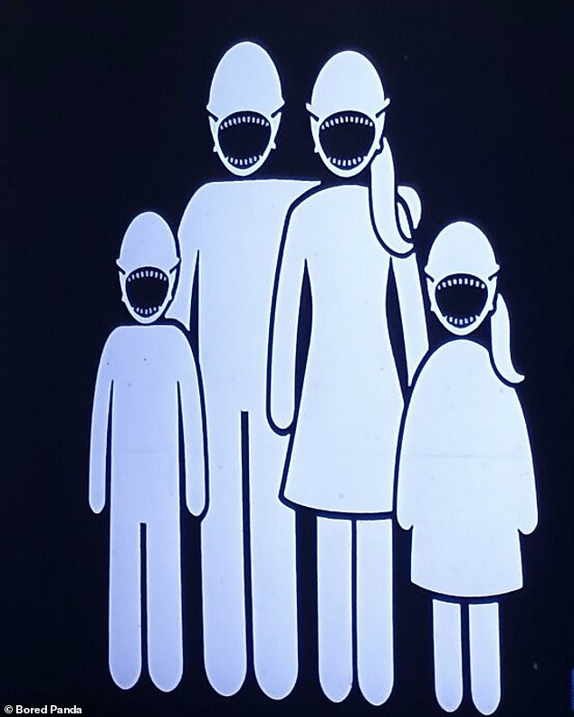 Monster!  Ein Poster einer Familie, die während der Covid-19-Pandemie Gesichtsmasken trug, sah erschreckend aus