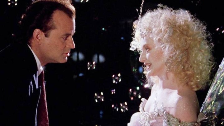 A man confronts a fairy in Scrooged.