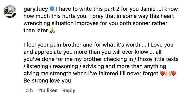 Sein Co-Star Gary Lucy teilte seine Unterstützung mit einem herzlichen Kommentar unter Jamies Beitrag mit