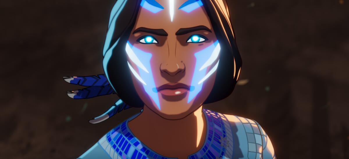 Eine animierte indigene Person mit leuchtend blauen Augen.