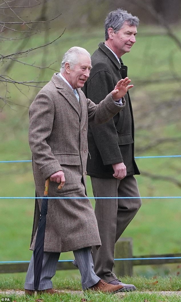 A wave that says it's Christmas! Wearing his favourite tweed coat, the monarch looked in good spirits as he made his way towards St Mary Magdalene Church in Sandringham, walking alongside Princess Anne's husband Sir Timothy Laurence