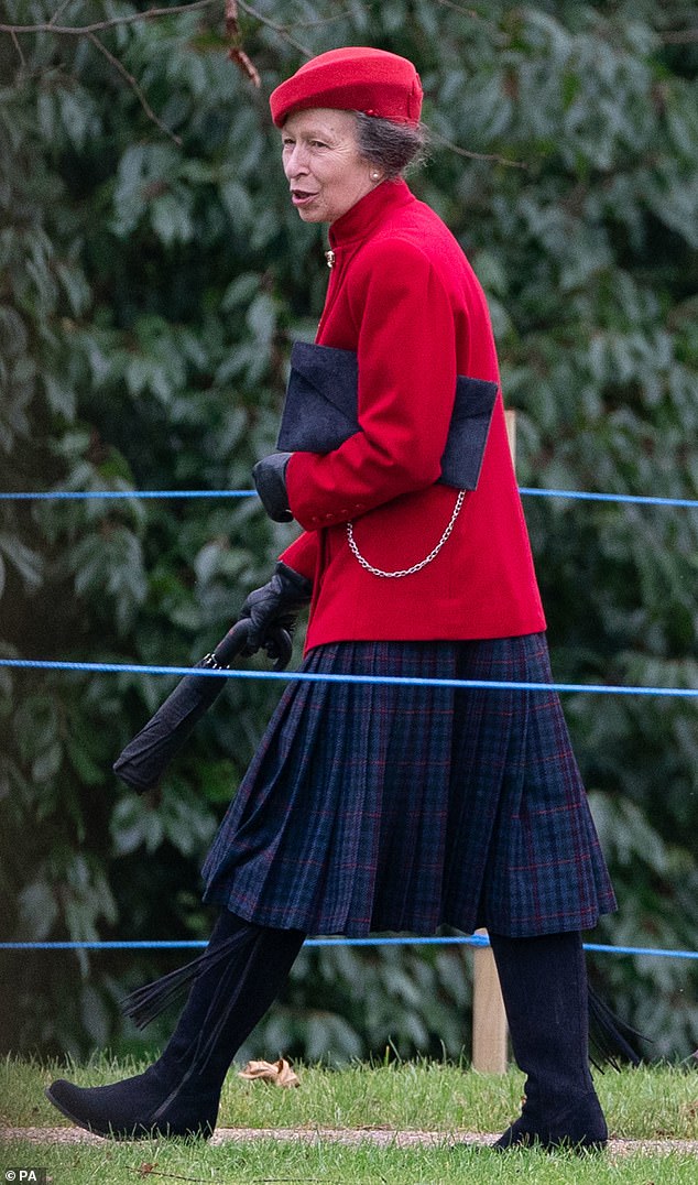 The king's sister, the Princess Royal, pictured leaving the church service on Christmas Eve
