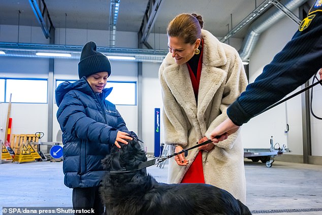 Prinz Oscar, der in einen Daunenmantel gehüllt war, genoss es, einen Hund zu streicheln
