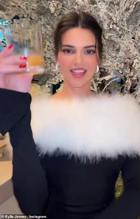Kendall posed with a glass as she donned a black number with a furry white detailing