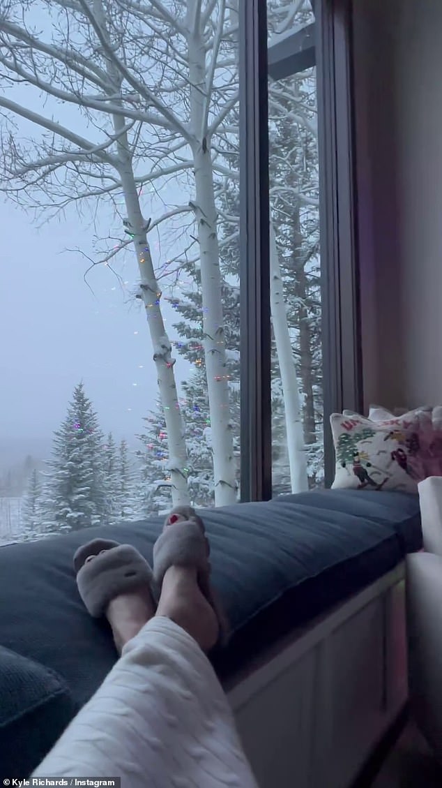 She also shared footage of her view from her room as she kicked her feet up on a bench and stared out into snow-covered trees