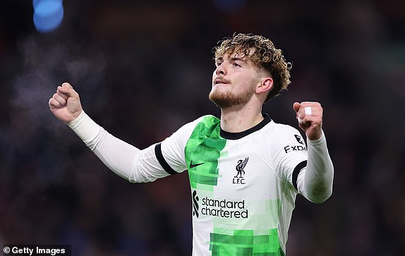 BURNLEY, ENGLAND - DECEMBER 26: Harvey Elliott of Liverpool celebrates after scoring their team's second goal which is later disallowed following a VAR review during the Premier League match between Burnley FC and Liverpool FC at Turf Moor on December 26, 2023 in Burnley, England. (Photo by Lewis Storey/Getty Images)