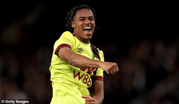 LONDON, ENGLAND - DECEMBER 23: Wilson Odobert of Burnley celebrates after scoring their team's first goal during the Premier League match between Fulham FC and Burnley FC at Craven Cottage on December 23, 2023 in London, England. (Photo by Ryan Pierse/Getty Images)