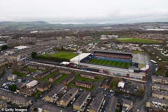 BURNLEY, ENGLAND - DECEMBER 26: An aerial view of Turf Moor is seen prior to the Premier League match between Burnley FC and Liverpool FC on December 26, 2023 in Burnley, England. (Photo by Lewis Storey/Getty Images)