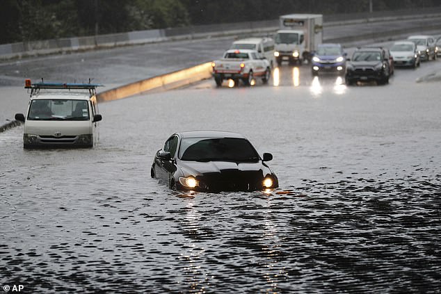 Am 28. Januar 2023 werden in Auckland, Neuseeland, Fahrzeuge von Überschwemmungen gestrandet. Rekordregenmengen erschütterten Neuseelands größte Stadt und führten zu weitreichenden Störungen.