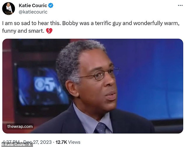 Couric schrieb in einem Beitrag auf X (früher bekannt als Twitter), dass sie „so traurig sei, das zu hören“.  „Bobby war ein toller Kerl und wunderbar warmherzig, lustig und klug“, fügte sie hinzu