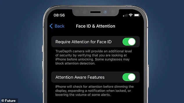 Um dieses Problem zu lösen, navigieren Sie zu den Face ID & Attention-Einstellungen, um die „Attention Aware Features“ zu deaktivieren, wie hier gezeigt
