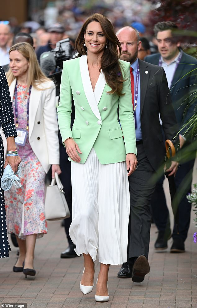This mint green double-breasted blazer from Balmain was the winner, pictured here  as Catherine attends the second day of  Wimbledon