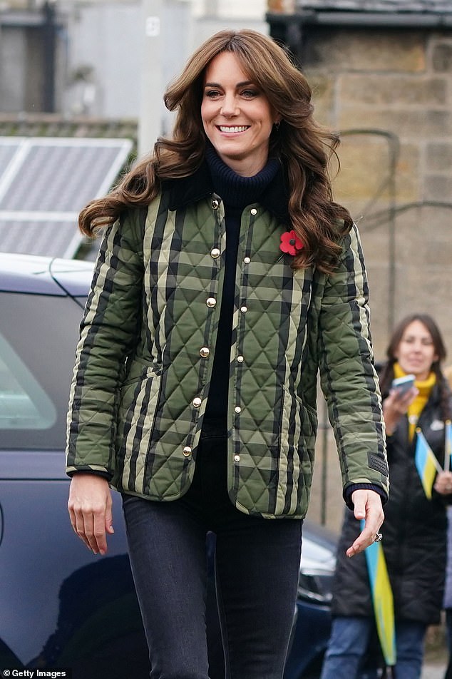 Kate usually plays it down when it comes to country styling but this striking Burberry jacket worn for a visit to Scotland in November hit the mark - with the tartan nodding to her hosts