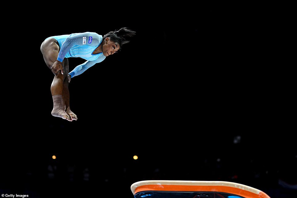 Simone Biles competes on Vault during Women's Qualifications on Day 2 of the FIG Artistic Gymnastics World Championships