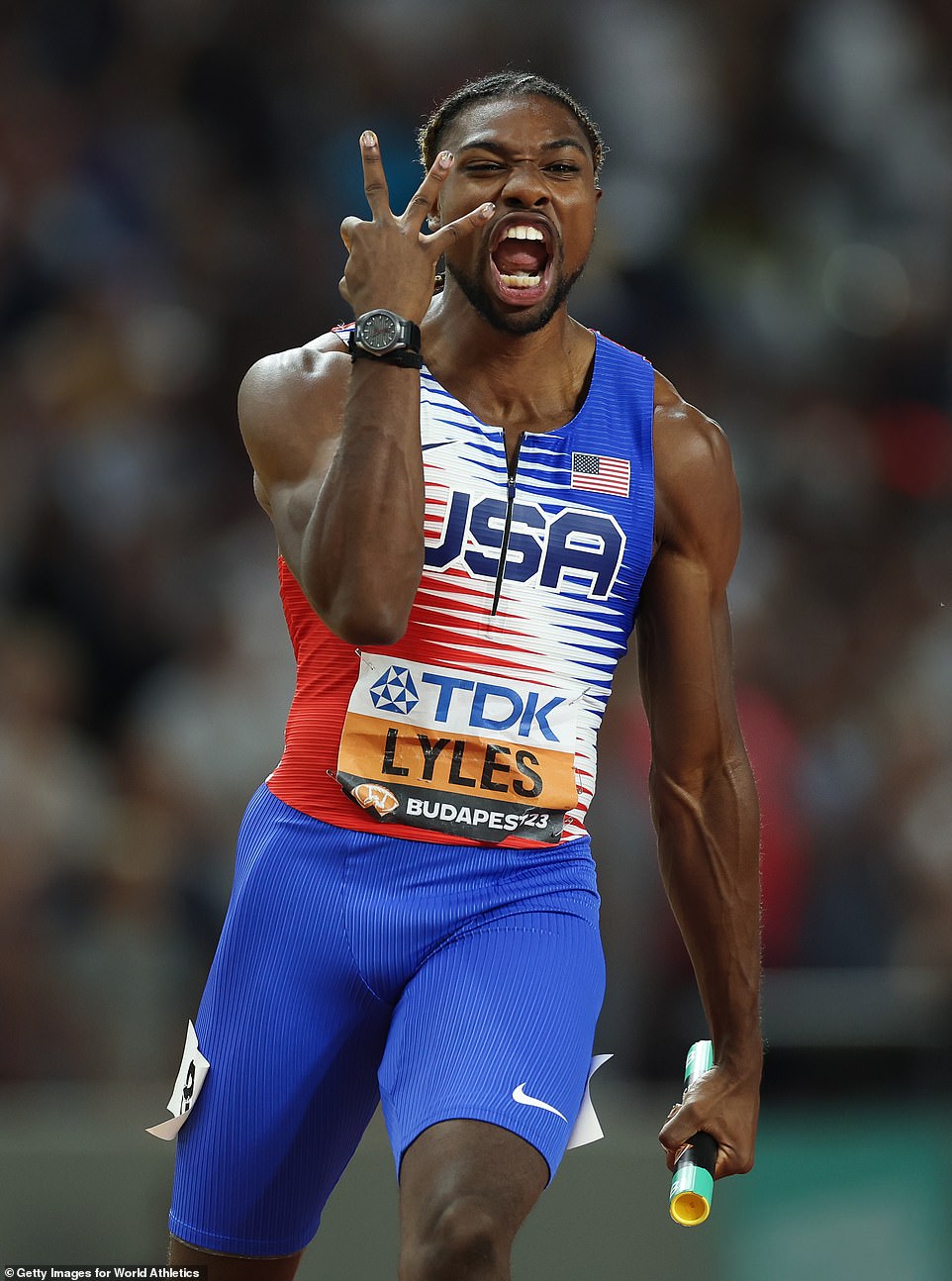 Noah Lyles of Team United States celebrates after winning the Men's 4x100m Relay Final in Budapest back in August