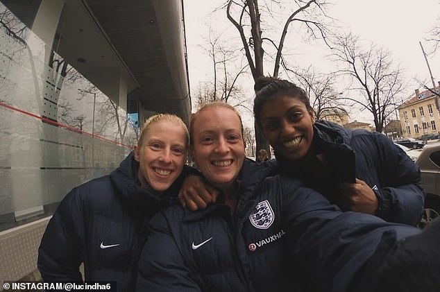 Gemma Wiseman (centre) was found dead  in woodland off Wilkinson Road in Rackheath, near Norwich (she is pictured with England squad member Lucindha Lawson, right, and wife Laura