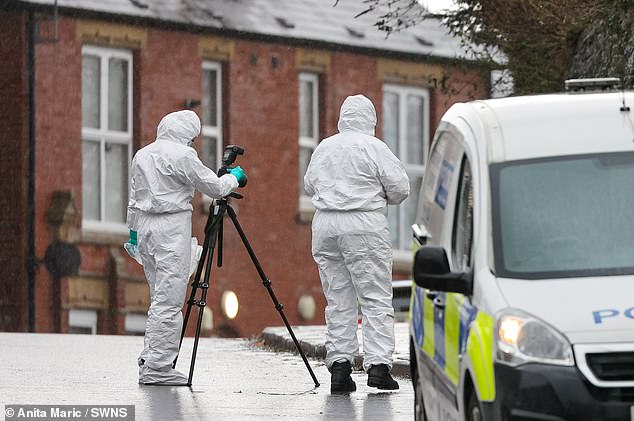 Two men arrested in connection with the incident - one on suspicion of murder - remain in custody, the force said. Pictured: Forensic officers near to the scene