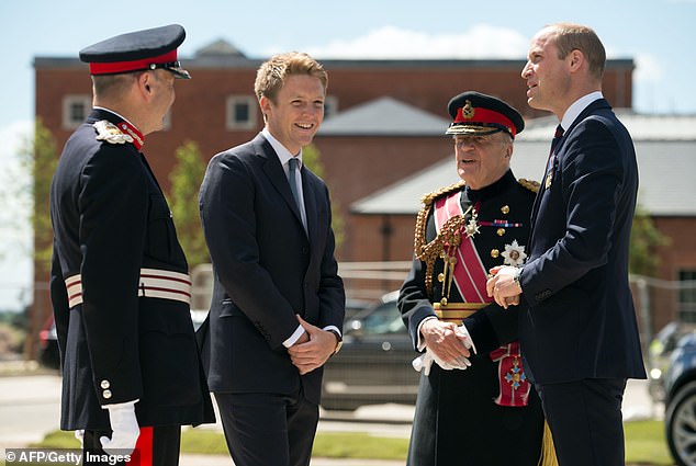 Prince William (R) is greeted by General Timothy Granville-Chapman (2R), Hugh Grosvenor, the Duke of Westminster (2L) and John Peace (L) as he arrives to attend the official handover of the newly built Defence and National Rehabilitation Centre in 2018