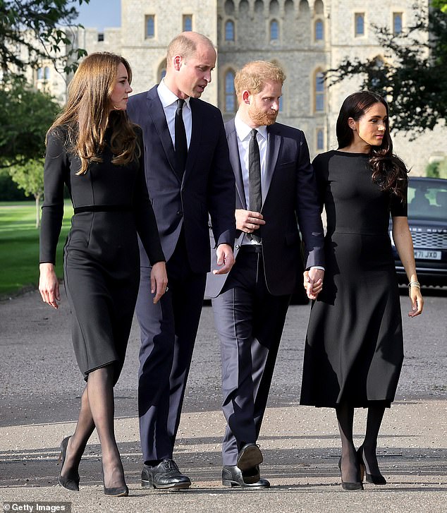 Kate, William, Harry and Meghan view tributes to the late Queen Elizabeth II at Windsor in September 2022