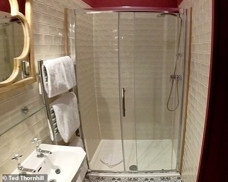 The bathroom in Ted's room (above) had 'nice farmhouse tiling' but he 'was surprised to see a cheap shower unit installed'