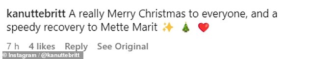 Die Kommentare waren voll von Fans, die Mette-Marit ihre besten Wünsche und eine baldige Genesung in dieser Weihnachtszeit schickten