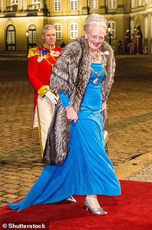 Above: Margrethe attending the annual New Year's dinner at Christian VII's Palace at Amalienborg, Copenhagen in January