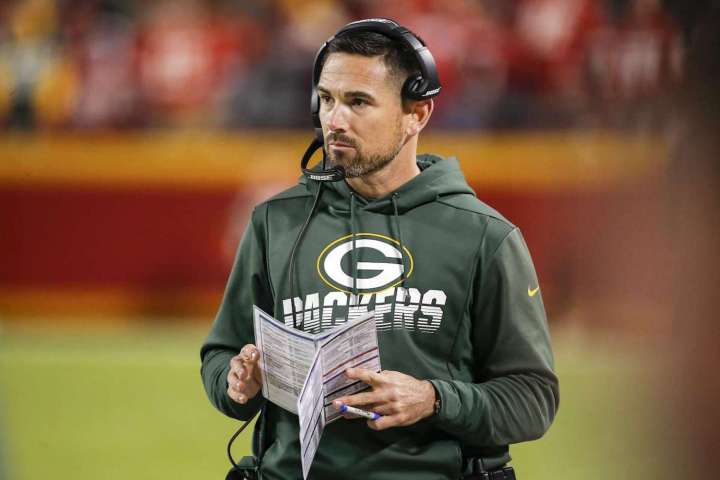 Matt LaFleur stands on the sideline for the Green Bay Packers.