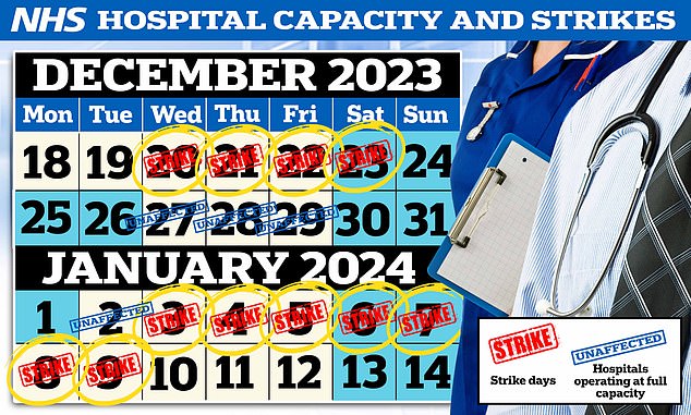 NHS-Chefs hatten bereits gewarnt, dass die Krankenhäuser bis zum 10. Januar nur vier Wochentage lang voll ausgelastet sein werden. Nur der 27., 28., 29. Dezember und der 2. Januar sind vom drohenden Chaos der Feiertage und Streiks bis zum 10. Januar unberührt