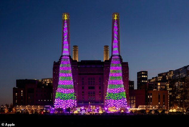 Vom 1. Dezember bis zum Weihnachtstag können Besucher des Londoner Kraftwerks Battersea Hockneys größere Weihnachtsbäume sehen, die mit dem Apple Pencil auf dem iPad Pro gezeichnet wurden
