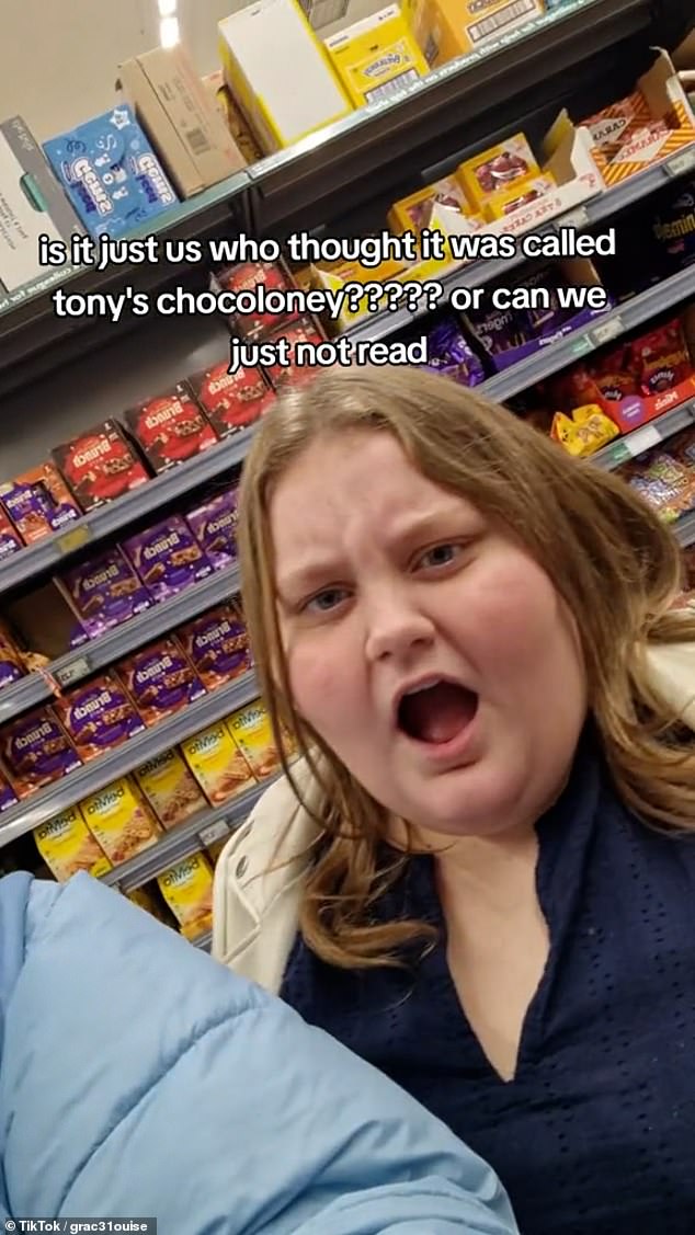 Grace schien mit ihrer Freundin im Supermarkt zu sein, die sichtlich schockiert zu sein schien, als sie feststellte, dass die Schokolade tatsächlich Tony ChocoLONELY und nicht Tony Chocoloney heißt