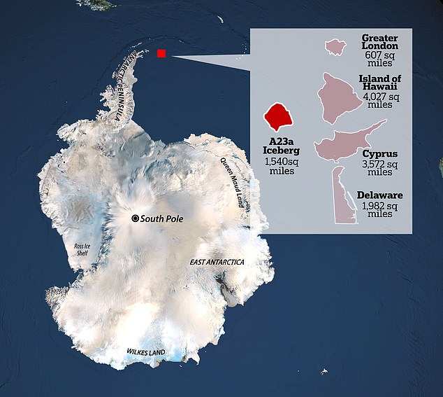 Der Eisberg mit der Bezeichnung A23a ist etwa 1.540 Quadratmeilen groß – mehr als doppelt so groß wie der Großraum London (607 Quadratmeilen) – und satte 1.312 Fuß dick