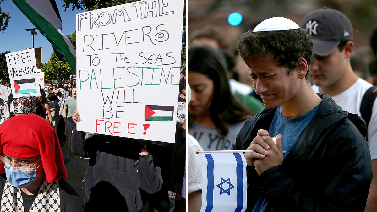 Seite an Seite eines antiisraelischen Protests auf dem Campus der Cal State Long Beach, jüdischer Student mit gesenktem Kopf