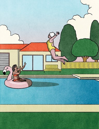 Eine Illustration einer älteren Frau in einem gelben Badeanzug, die voller Hingabe von einem Sprungbrett in einen Pool springt, während eine jüngere Frau in einem schwimmenden Flamingo sich mit ihren Armen schützt