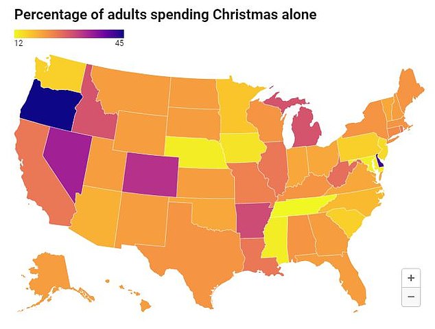 Oregon hat laut der Umfrage mit 45 Prozent die höchste Quote an Menschen, die am Weihnachtstag alleine feiern, während Tennessee mit 12 Prozent die niedrigste Rate aufweist
