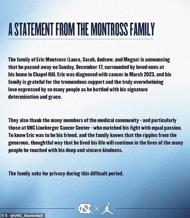 Die Nachricht wurde von UNC Basketball bekannt gegeben, wobei die Familie den Fans für ihre Unterstützung dankte