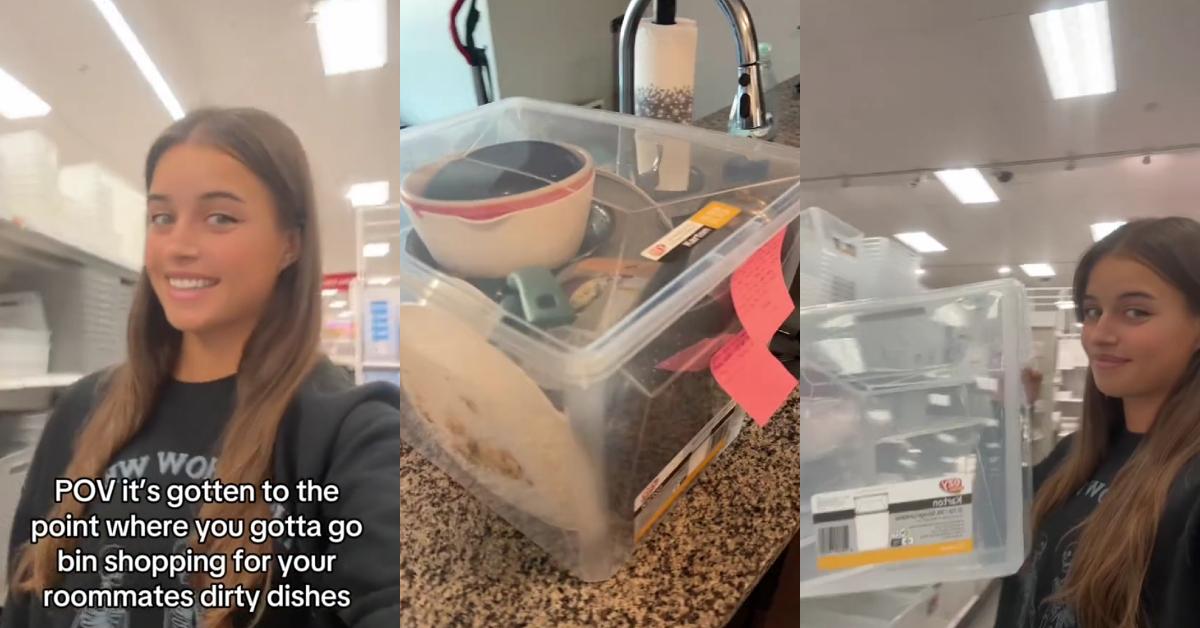 Frau kauft Mülleimer, um das schmutzige Geschirr ihrer Mitbewohner aufzubewahren