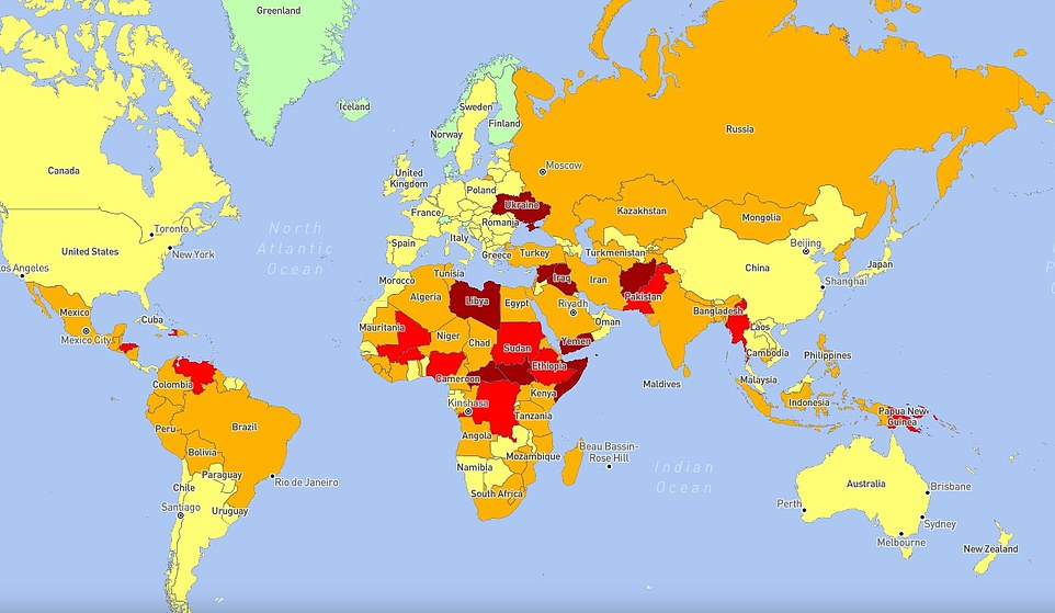 SICHERHEITSRISIKO: Diese Karte zeigt Länder, die nach Sicherheitsrisiken kategorisiert sind, wobei „Unbedeutend“ in Grün, „Niedrig“ in Gelb, „Mittel“ in Orange, „Hoch“ in Rot und „Extrem“ in Dunkelviolett markiert sind