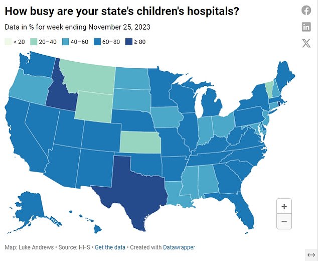 Oben ist die prozentuale Auslastung der Krankenhäuser mit Kinderbetten nach Bundesstaaten dargestellt