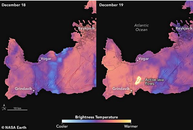 Diese Satellitenbilder zeigen, wie die intensive Hitze der Lavaströme der Eruption (rechts) in starkem Kontrast zum kalten Klima vor der Explosion (links) steht.