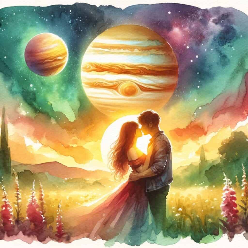 Bild eines Paares, das die Synastrie der Sonne in Konjunktion mit dem Jupiter symbolisiert