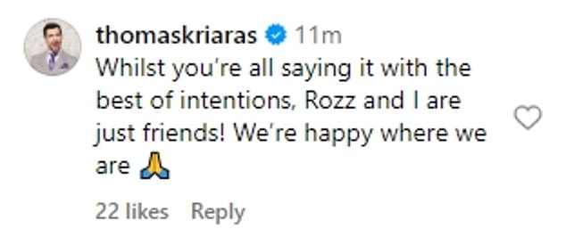 Thomas ging auf die Kommentare ein und betonte, dass sie immer noch „nur Freunde“ seien, nachdem die Fans unter dem Beitrag schnell Spekulationen anstellten