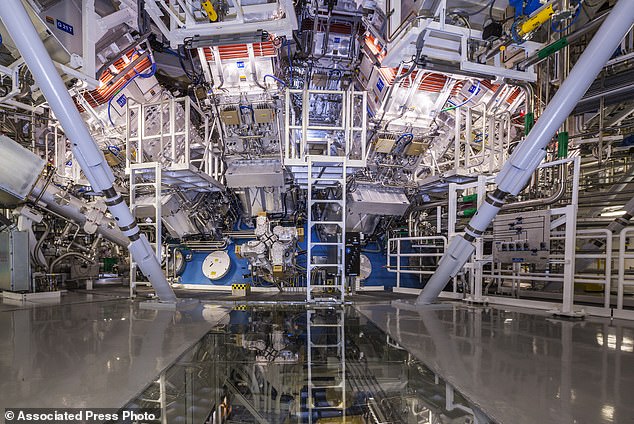 Die National Ignition Facility im Lawrence Livermore National Laboratory ist oben abgebildet.  Das System nutzt 192 Laserstrahlen, die im Zentrum dieser riesigen Kugel zusammenlaufen, um ein winziges Wasserstoff-Brennstoffpellet implodieren zu lassen