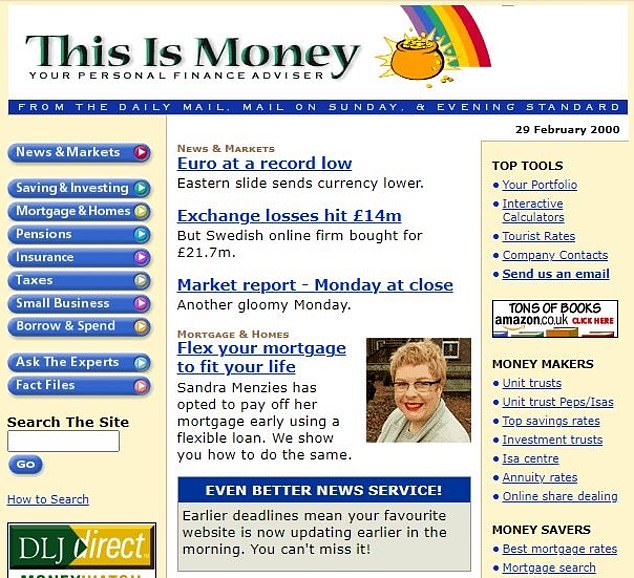 Das ist Geld in den Anfängen – ein Screenshot vom Februar 2000, als die Dotcom-Blase platzte und Richard Browning Pionierarbeit im Online-Finanzjournalismus leistete