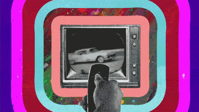 Der Fernseher wechselt zwischen den Kanälen, die Vintage-Szenen zeigen