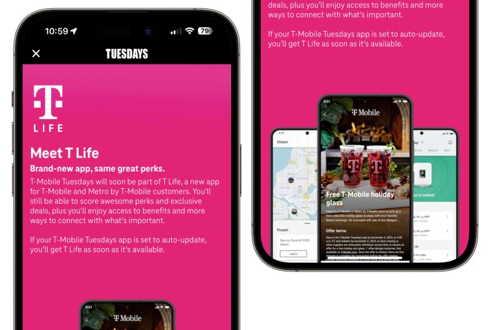 Ein Screenshot der T-Mobile Tuesdays-App, der eine Werbung für die neue T Life-App zeigt.