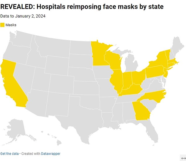 Die obige Karte zeigt Bundesstaaten, in denen Krankenhäuser als Reaktion auf die steigenden Krankheitszahlen die Maskenpflicht in ihren Abteilungen für Personal, Patienten und Besucher wieder einführen