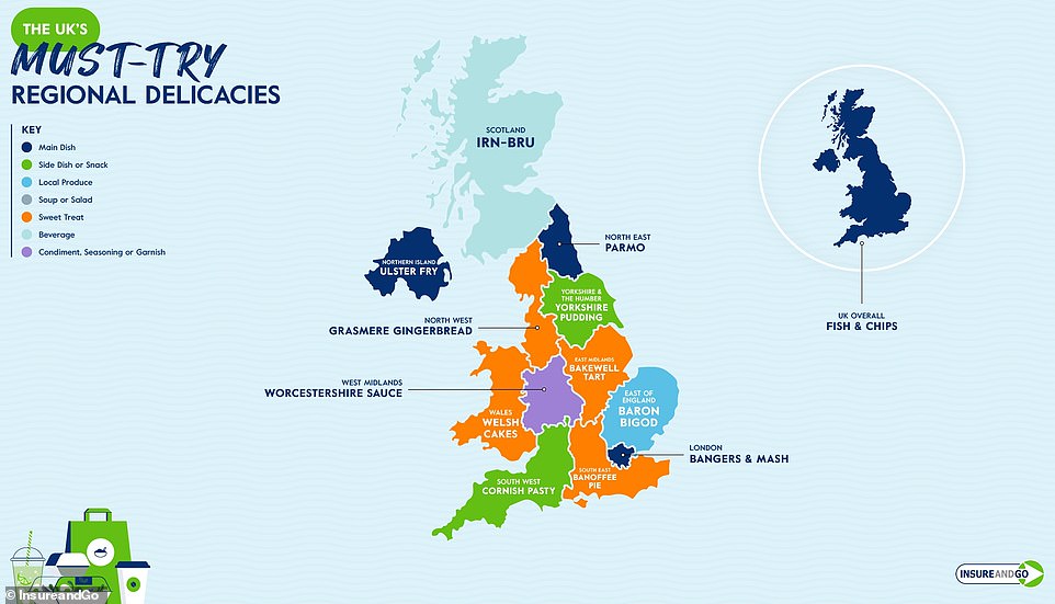 Die Kartenserie enthält eine Aufschlüsselung der beliebtesten regionalen Gerichte im Vereinigten Königreich