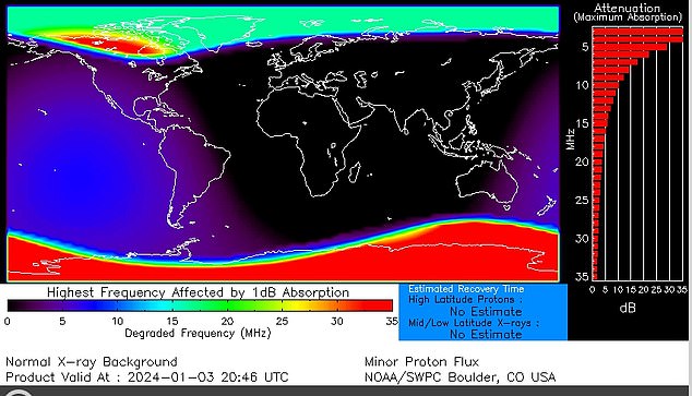 Skov sagte, „der Strahlungssturm hat das offizielle S1-Niveau erreicht“ und das Space Weather Prediction Center (SWPC) der NOAA weist auf die Möglichkeit einer Funkfrequenzstörung am Mittwoch und Donnerstag hin