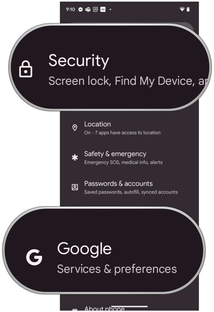 Wählen Sie in den Android 13-Einstellungen entweder Sicherheit oder Google aus